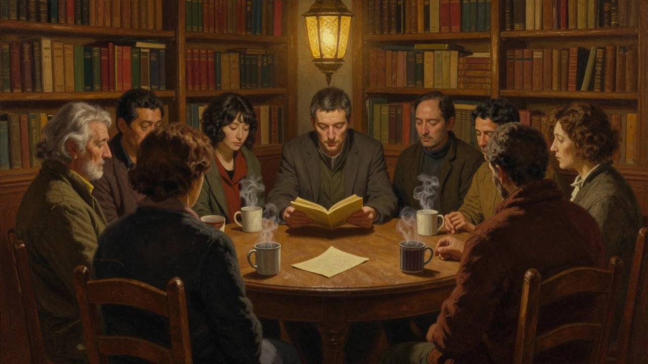 A circle of neighbors sits in silent communion in a book-filled library, sharing quiet moments of remembrance.