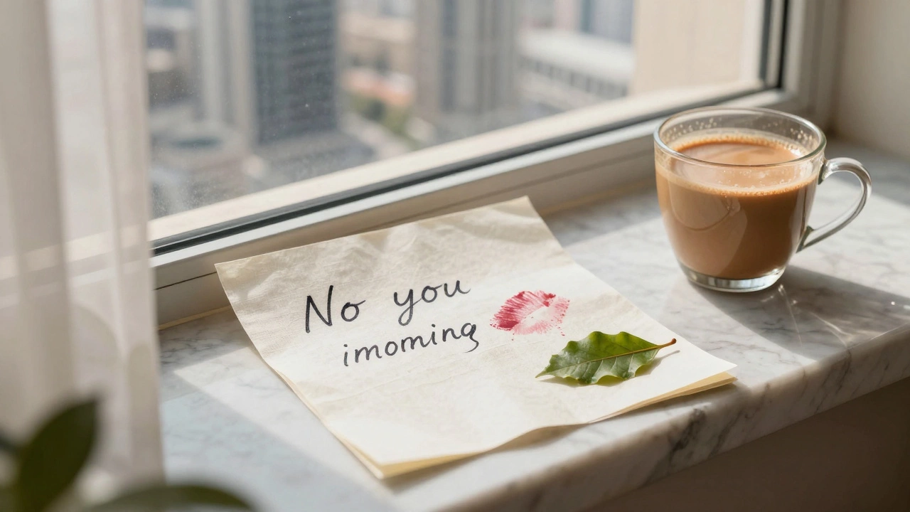 A handwritten note with a tea leaf and lipstick smudge on a windowsill in Dubai.