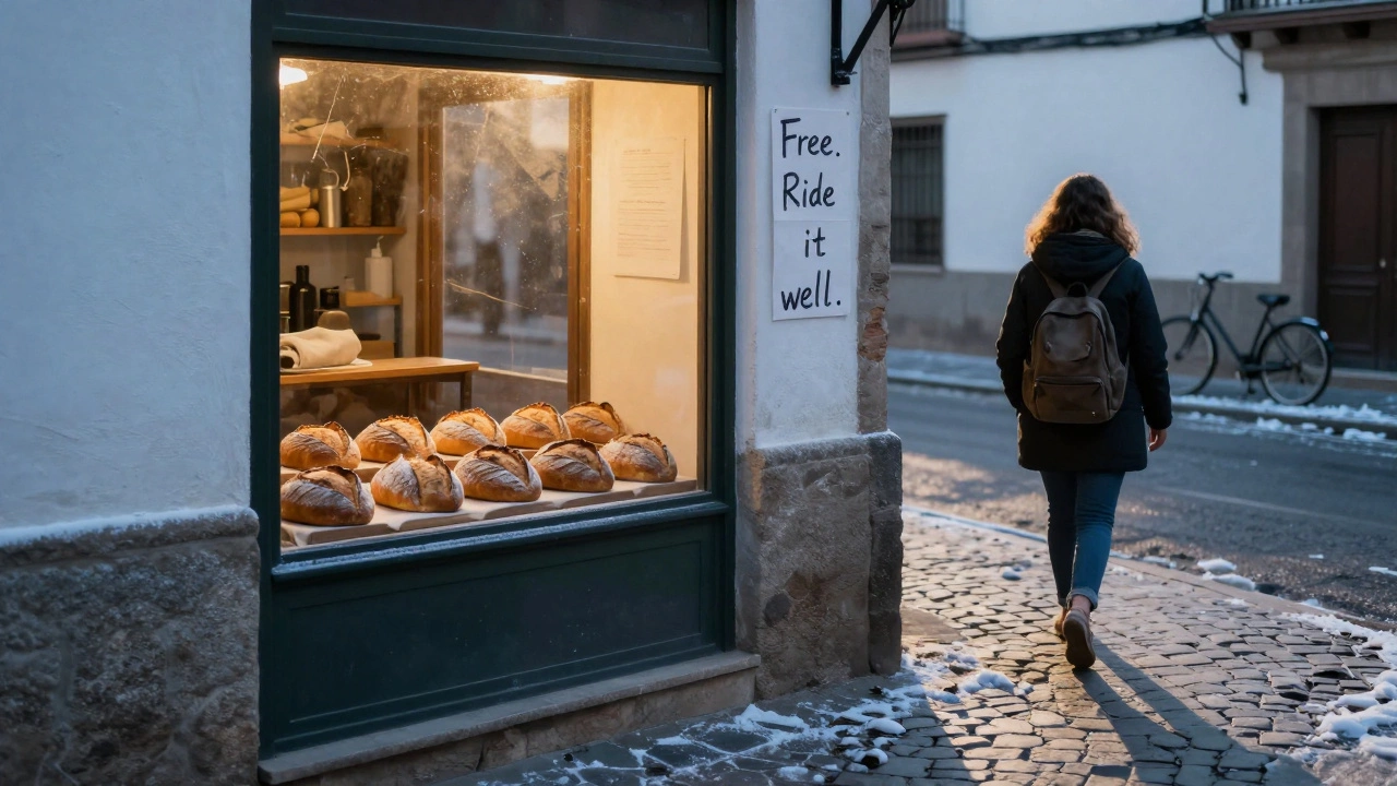 Twelve loaves of bread sit in a bakery window as a barefoot stranger walks away into a snowy morning.